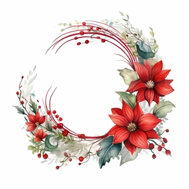 one Christmas round flower frame clipart seamles ornament on a white background, in the style of watercolor landscapes, red and green, no watermark, text, 300 DPI , typography, shapes do not stick together, no text in the picture, on a white background