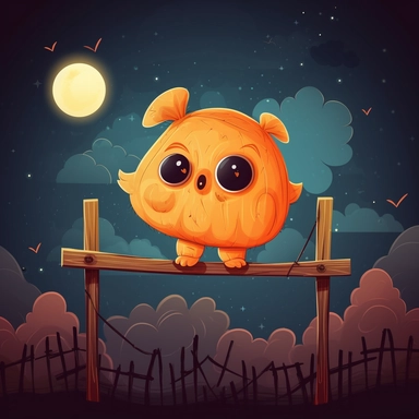 cute stuffed animal with a pumpkin head hanging on a wooden stick, fence and night sky background, kids style, halloween, 2D, vector, good quality, Pixar children's book illustration, vector, cartoon character, hand drawn, clipart