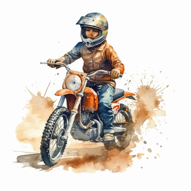 Vintage kids Dirt Bike with a kid riding it on dirt with helmet ,Watercolor,Clipart,Isolated, White background