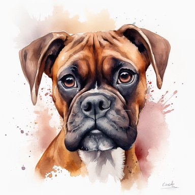 cute Mahogany Boxer dog portrait, full face, centered shot, side shot, dynamically posed, in action, playful mood, happy mood, playing mood, cute face, adorable smile, childlike eyes, clean watercolor illustration, white background, nursery baby imagery, painting, detailed, 8k, PNG, clipart,