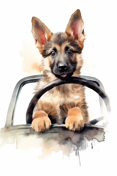 cute baby german shepherd driving car, unique, clipart, adorable, watercolor, realistic, 8k, high quality, no background