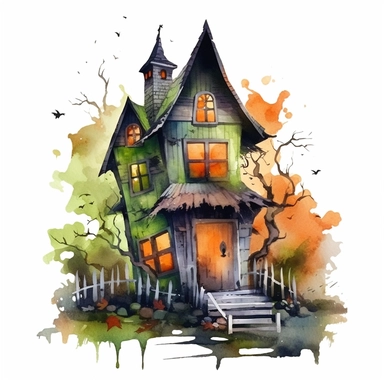 watercolor style, spooky halloween haunted house clipart, haunted house decorated in creepy Halloween style decor, whimsical Halloween witch house, isolated on white background, 4K, dark, night scene, green and orange color scheme
