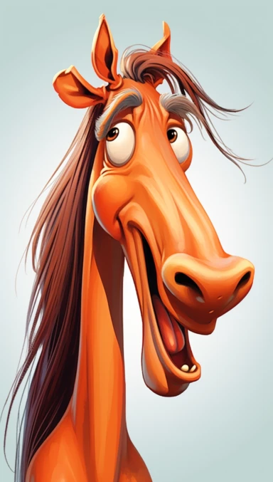 funny horse cartoon clipart, in the style of brushstroke-intensive portraits, airbrush art, #vfxfriday, distinctive noses, violet and orange, uncommon perspectives