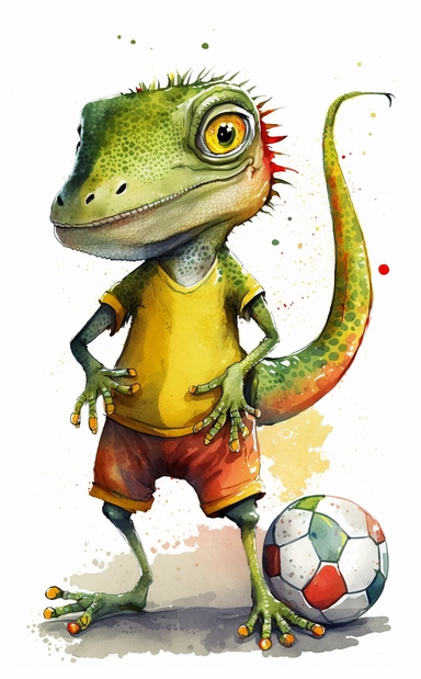 cute green lizard standing on two legs en face, dressed as soccer player wearing yellow football shirt and red football shorts, holding ball, watercolor clipart, cartoon, white solid background, no shadows, high details
