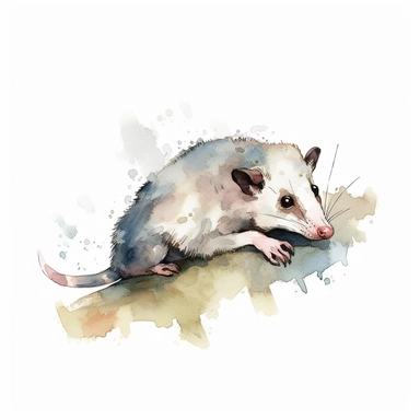 drawn illustration of an Opossum playing dead, clip art, watercolor, digital art, HD, white background, clean line art