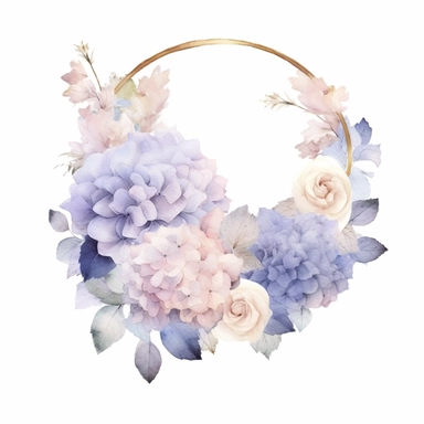 with white background, art Watercolor, Watercolor lavender and White Hydrangeas Crescent floral clipart, hd, high detailed, soft pinks, baby blues, and creamy whites, delicate petals, pastel, muted, soft, subtle, romantic, dreamy, ultra details, high resulution, dynamic lighting, rendering, photo realistic, lightroom gallery, cinematic lighting