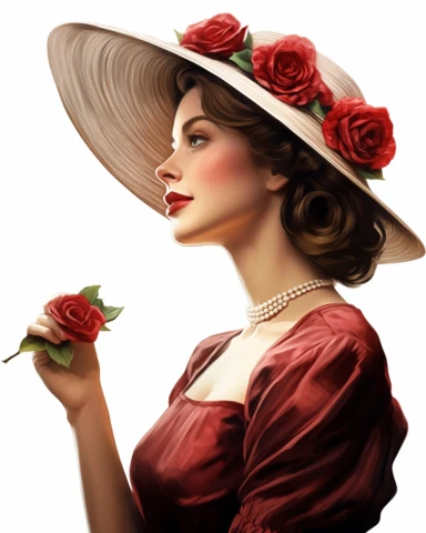 detailed beautiful lady facing side with vintage hat with red roses dressed in a vintage dress, hyper realistic, 8k, isolated on white backgorund, clipart