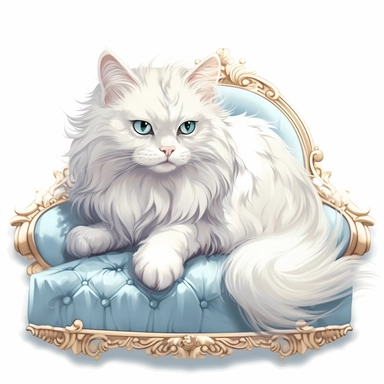 make a clipart of beautiful fairytale fluffy white victorian cat laying on a bright pastel blue pillow, white background