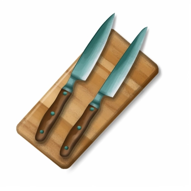 one knives and the fork set on a brown board, in the style of physically based rendering, teal and bronze, grant wood, hard surface modeling with white background, watercolor clipart