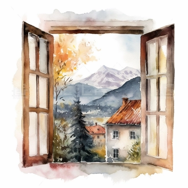 window with austria view, moody, watercolor, illustration, clipart, hd, on white background,