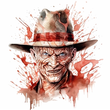 A bone-chilling portrait of Freddy Krueger, with his burned face, tattered fedora, and razor-sharp glove, exuding pure terror. Clipart, watercolor, white background, intricate detail.