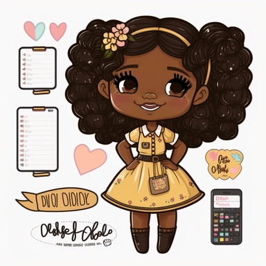 Clipart sticker page of happy adorable brown skin black kawaii girl, wearing work clothes, with a laptop, with a phone, with a pen, with a notebook printable planner sticker page, white thick stroke, cozy illustrations