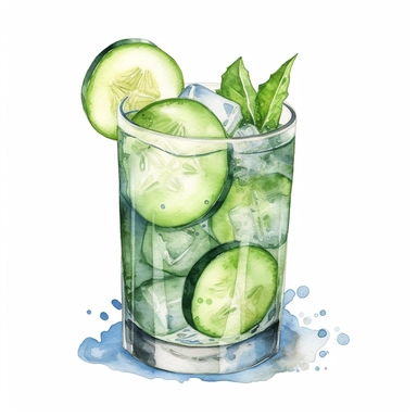Cucumber Cooler: A cooling drink made with muddled cucumber, gin, lime juice, simple syrup, and soda water.watercolor, clipart