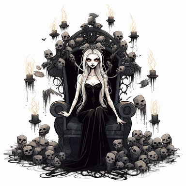 A dark and mysterious digital clipart illustration of a vampire queen sitting on a throne made of bones, wearing a black lace dress, surrounded by candles and skulls, with an intimidating expression on her face, Illustration, digital art, on white background
