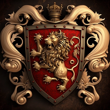 medieval coat of arms, ornate, large, rampant lion, fantasy, clipart style