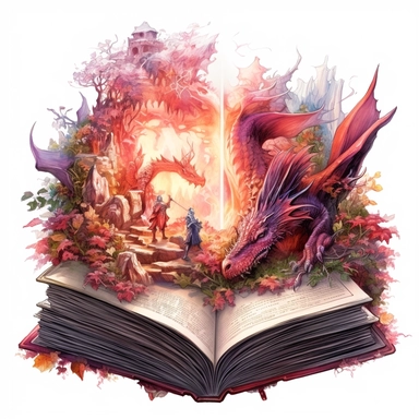 fantasy scene coming out of an open book, elves, orcs, dragons, magical, watercolors, Clipart, pastel red color theme, intricate and detailed