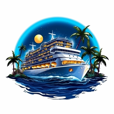 fantasy cruise ship in the moonlight, paradise island digital clipart on white background