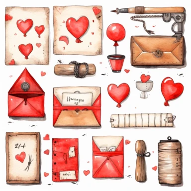 Set of love envelopes (opened and closed), I love you words, blank notebook paper sheet, red heart, cupid arrow. Handdrawn water color painted clip art, Saint Valentine's Day decoration and symbols.