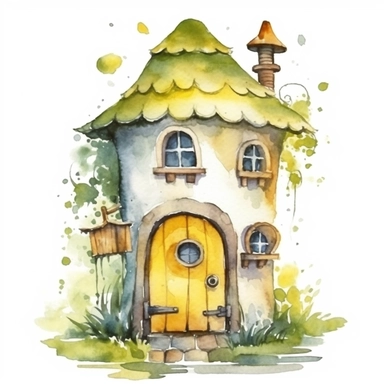 tiny little fairy house with one door and window, watercolor illustration clipart, in the style of green and yellow, on white background