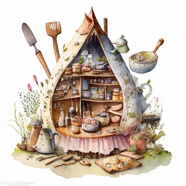 A hyper - detailed illustration watercolor clipart of a whimsical kitchen of a fairy house built out of natural materials by a human, complete kitchen utensil and kitchenware and foods in preparation watercolor illustration, illustration style a combination of Beatrix Potter and Tove Jansson, isolated on white background with margins, cut - out images, zoom on table , close up view