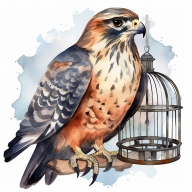 An endearing watercolor Falcon bird clipart of Falcon bird in cage300DPI