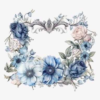 Watercolour clipart of a flower thin rectangle frame in the middle, white and blue victorian theme , wedding theme, high quality of details, white background