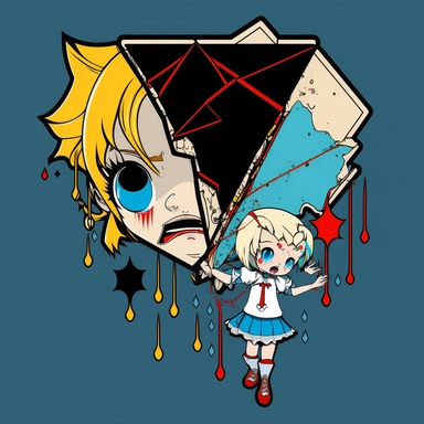 kawaii but creepy marionette being manipulated and face shattered into a prism, borderline personality disorder, identity crisis, mental slavery and prison multiple personalities and emotions Japanese manga style clipart