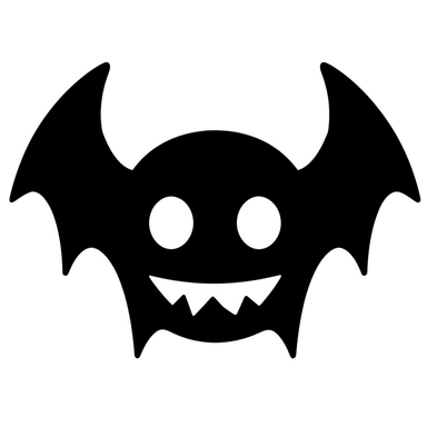 black and white silhouette of a friendly halloween bat icon, clipart style, white background, thick lines, vector, simple design, flat colour, solid colour
