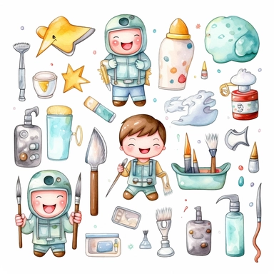 Cute kawaii dentist, repairman tools, watercolor white background clipart set single elements with margin