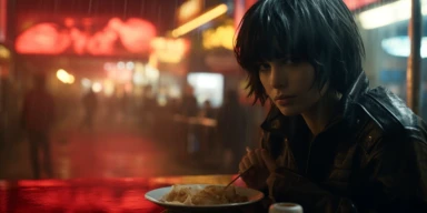 Wide shot. Future Thriller, Denis Villeneuve. Future Paris in 2060. Foggy night. Small street, the smell of street food. A badass woman journalist, punk, with black hair, played by Agathe Rousselle, is wearing an Akira futuristic jacket. She is eating ramen and a beer in a small Ramen place. on her table she has her photographic camera