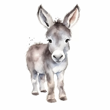 a childish baby donkey with kind eyes clipart with watercolor illustration,full body shot,8k,etsy style, white background