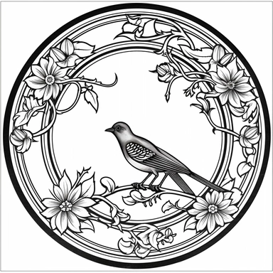 Left aligned, bottom aligned, quarter of a circle, art nouveau style, black lines, detailed, flat design, flat flowers and bird, white background, clipart style, black and white,