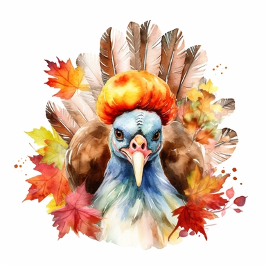 watercolor autumn thanksgiving turkey, cartoon, clipart style, white background