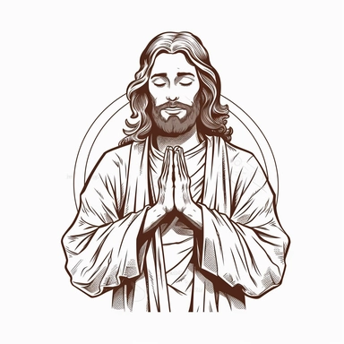 Jesus Christ, Cartoon Line art, praying, clipart style, solid white background