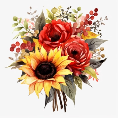 a watercolor of a sunflower wedding arrangement, cherry academy style, cherry red nuances, vector free clipart illustration, in the style of unreal engine 5, 32k uhd, detailed features, white background