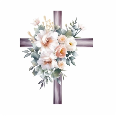 wooden cross, tiny flowers, white flowers, pink peonies, eucalyptus, watercolor, clipart, white background