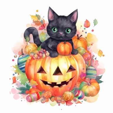 hand drawn large Halloween pumpkin, pumpkin is filled with colorful wrapped candies, lollipops, and candy corn, inside the pumpkin is a cute little black kitten with big green eyes, scattered candy is laying flat around the pumpkin, Halloween colors, magic, fantasy, watercolor, clipart style, white background with margins