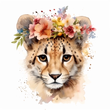 isolated clipart, cute big cat with flowers on its head, highly realistic, flickr, watercolorist, uhd image, multi-layered mixed media