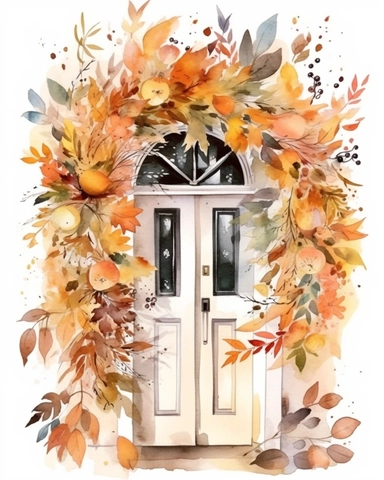 White front door, big wreath on door, autumn leaves, beige color, watercolor, clipart, white background