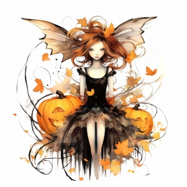 watercolor style Halloween fairy, clipart, large orange,wings, black white stripes, pumpkin, isolated on white background, in the style of Amy Brown, beautiful fall floral, bright color, crisp lines, chaos 8