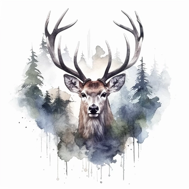 double exposure, deer head and forest,watercolor,white background,clipart