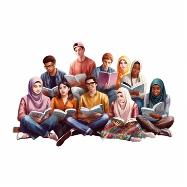 Diverse school group: realistic Illustration of teenage students from different ethnicities and cultures studying together, representing diverse educational environments. clipart, isolated on white background, 4K