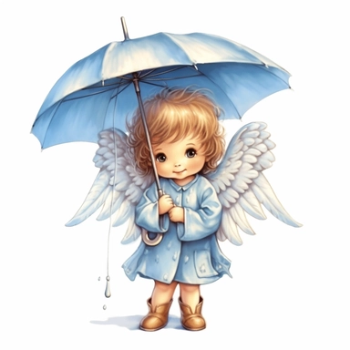 Cute Adorable magical little Angel holds a umbrella in his hand wears a raincape and stand in the rain on a country road, clipart, photorealistic illustration, watercolor, high detail, 8k polished, 8k, vibrant colors, sticker, majestic, die cut, Blue and Gold color, white background