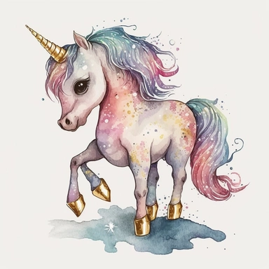 fantasy baby unicorn, clipart watercolor illustration, aquarallist, cute, big eyes, pretty pink, unicorncore, fairycore, free brushwork, watercolor, light and bright, four legs, gold horn, sparkle, skarklecore, detailed, isolated on a white background,