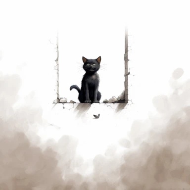 back high level view, cute black cat waiting before mouse whole in wall, illustration, white background, clipart, nursery illustration, illustration for children