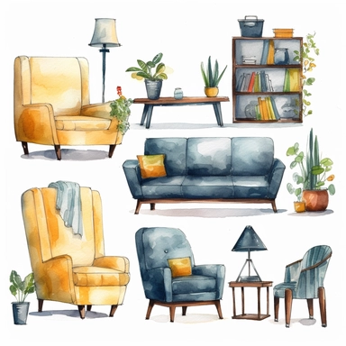 watercolor, Set of furniture for living room isolated on white png Full body realistic cartoon in 32K UHD cute. 15 cm thick outline. Black color. There was no shadow on the ground. 8k with realistic watercolors and detailed illustrations. PNG clipart, tra