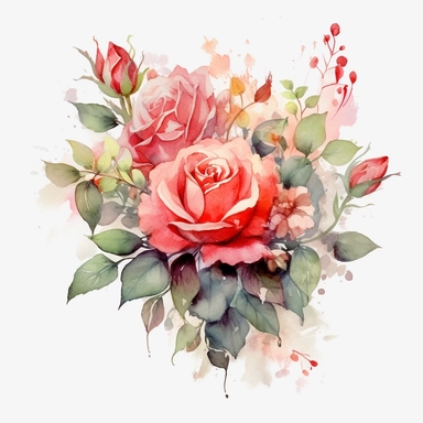 watercolor pink and red flower roses and leaves bouquet with floral detail, clipart, red and beige, booru, uhd image, pastoral charm, free brushwork