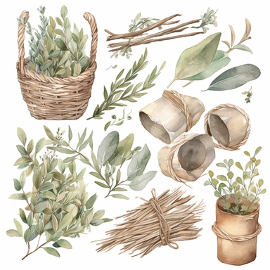 a watercolor of collection of sage bundles, herb bundles and seeds and nuts clip art on a white background--ar 2:3