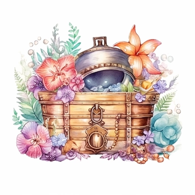 clipart, isolated on white background, Watercolor spring ornated treasure chest with jewelry on the beach, sea animals, detailed, flowers, ornated, pastel colors