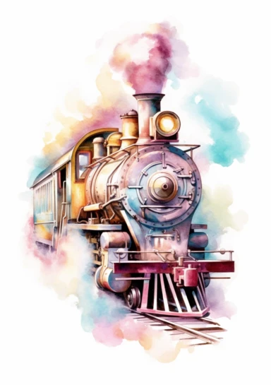 Pastel train, big beautiful locomotive, bursting with steam, Steampunk Clipart, Printable Watercolor, Retro Futuristic, Victorian Era Art Print, colorful, details, high quality 8K, white background